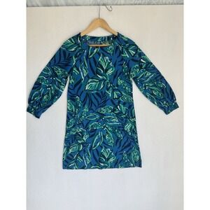 Lilly Pulitzer Dress Eliana XS Blue Green Leaf Print Long Sleeve Casual RN 88189